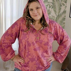 Pink Long Puff Sleeve TShirt Drawstring Hoodie